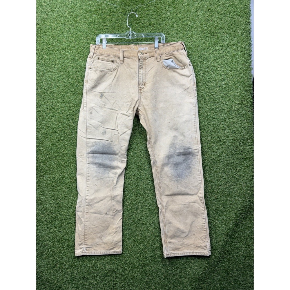 Carhartt Pants Mens 38x30 Rugged Flex Canvas Relaxed Fit Beige Workwear Faded